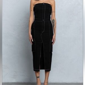 #095 contrast stitch Black cargo midi dress